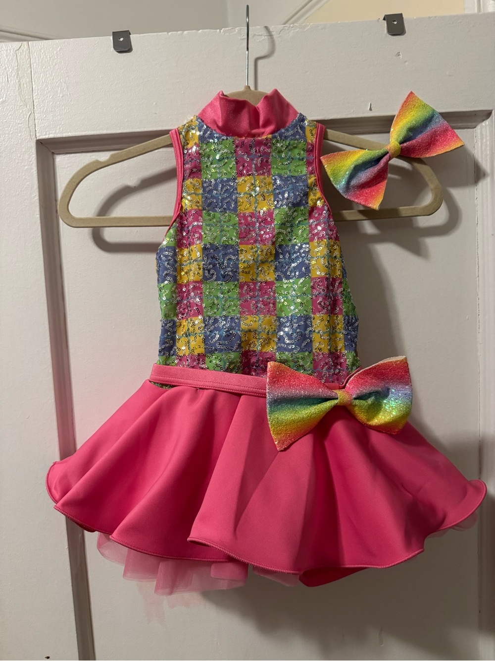 Weissman Hot Pink Sequin Rainbow Bow Dance Costume with Matching Hair Clip